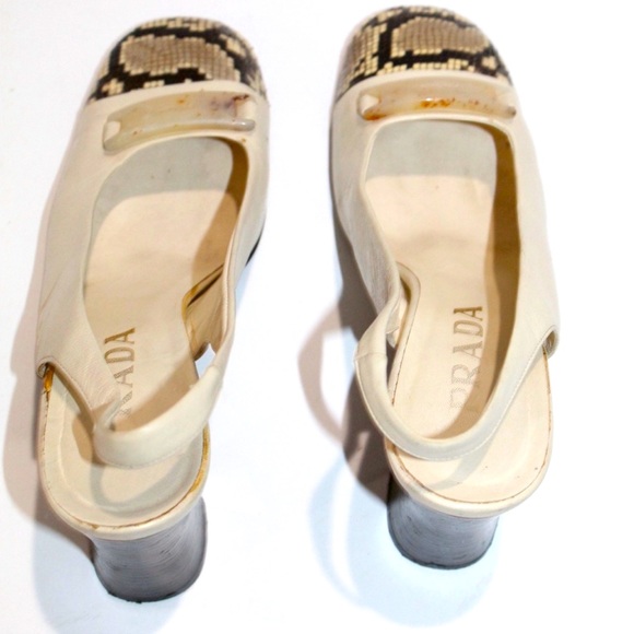 Vintage Prada Sling back Block Heel Ivory Snakeskin toe Size 36.5 - Picture 6 of 7